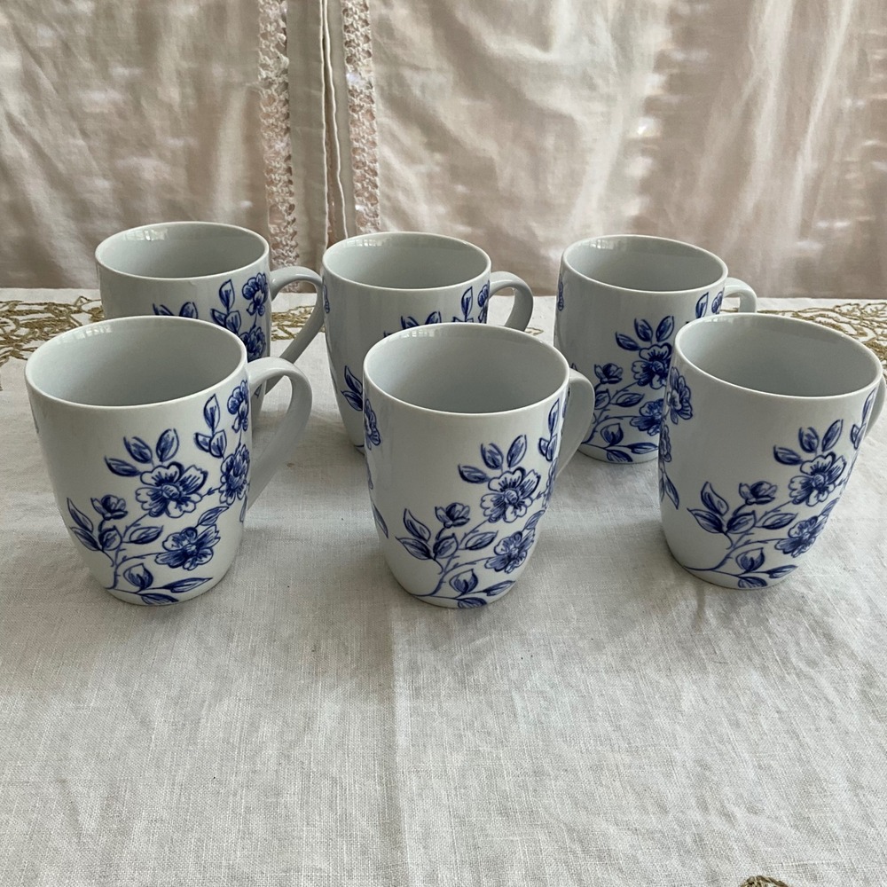 Paula Deen Spring Prelude Blue Floral White Ceramic Coffee‎ Mug Set of 6 K014